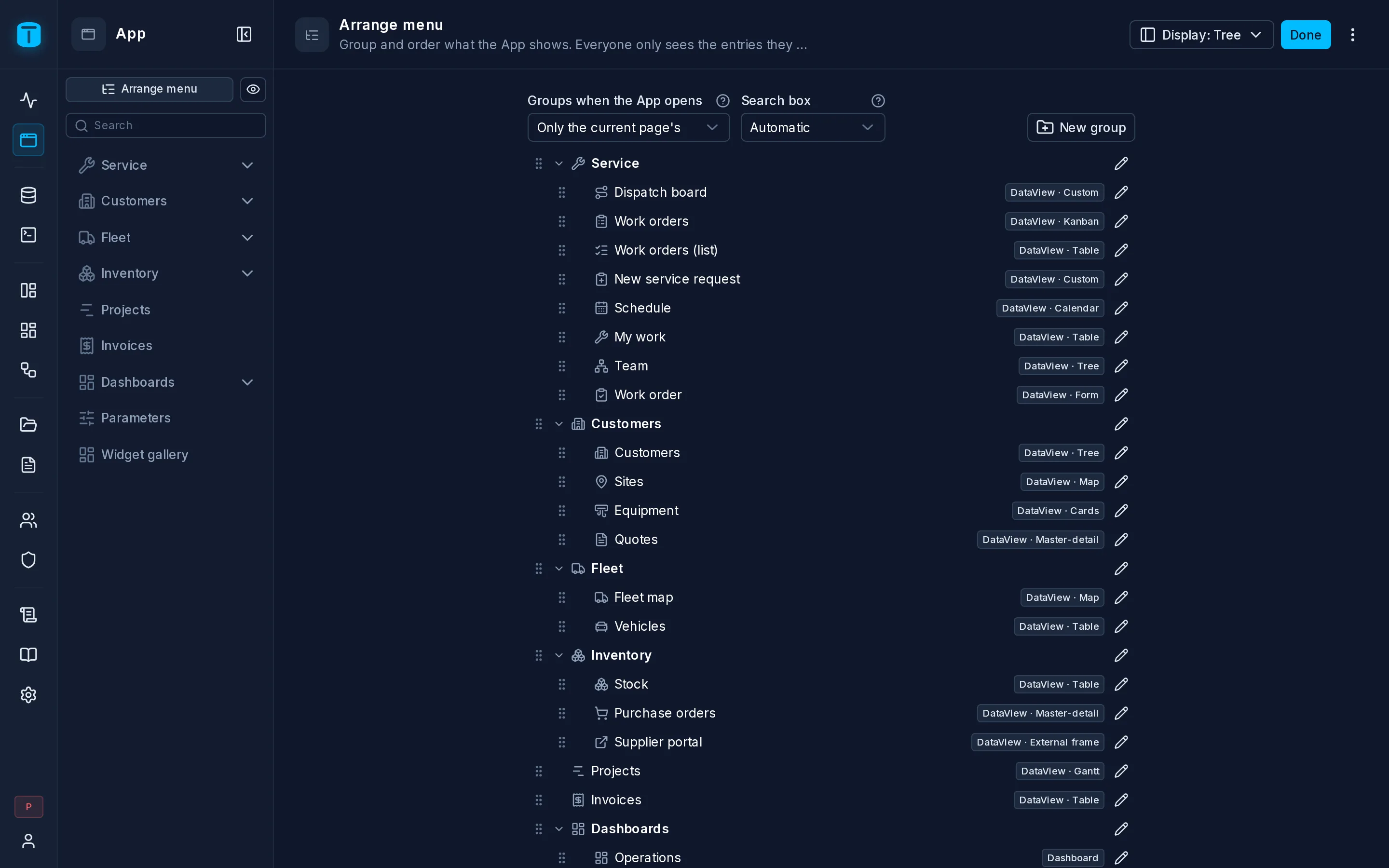 Arrange menu: the Service, Customers, Fleet and Inventory groups, each entry with its type.