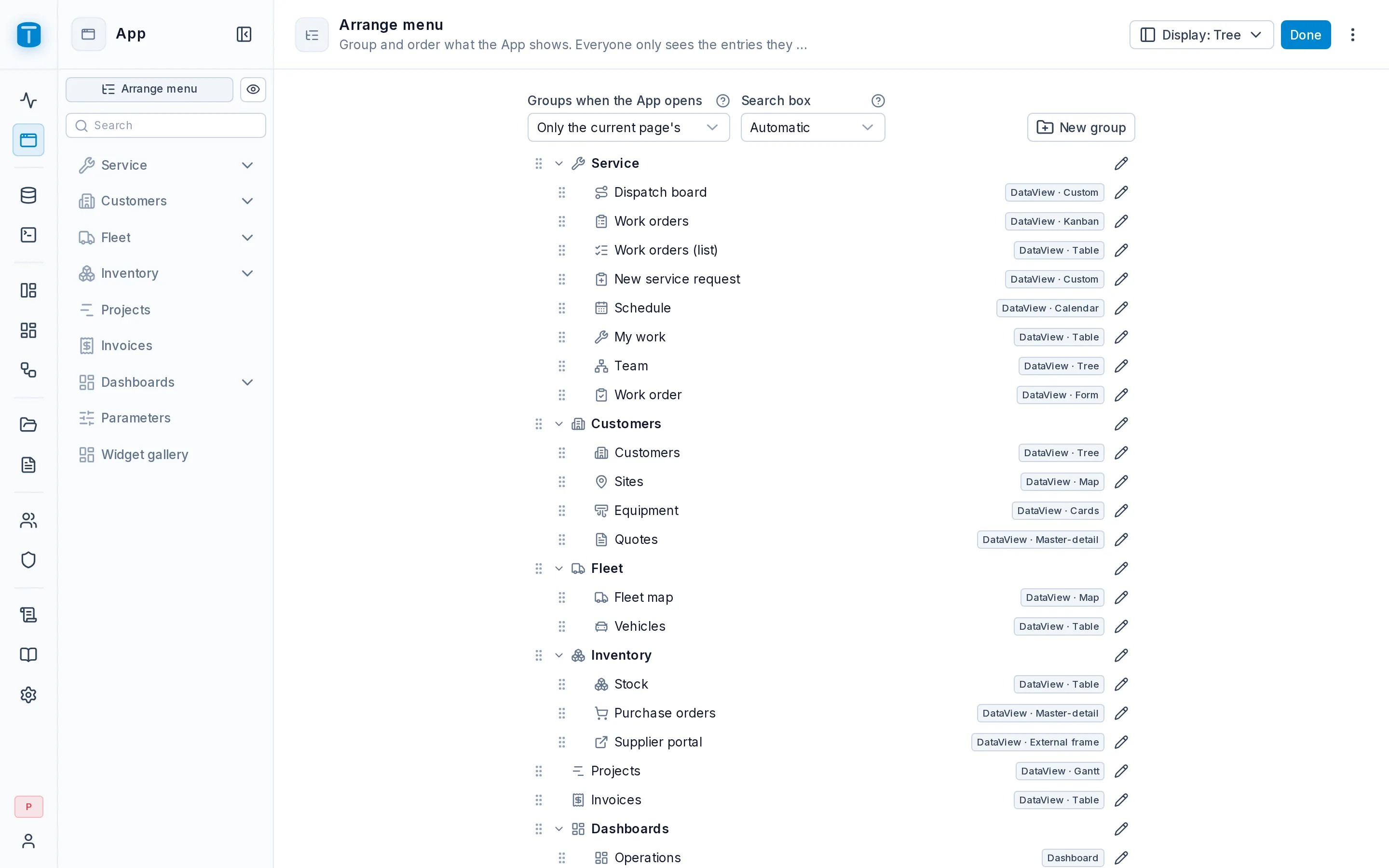 Arrange menu: the Service, Customers, Fleet and Inventory groups, each entry with its type.