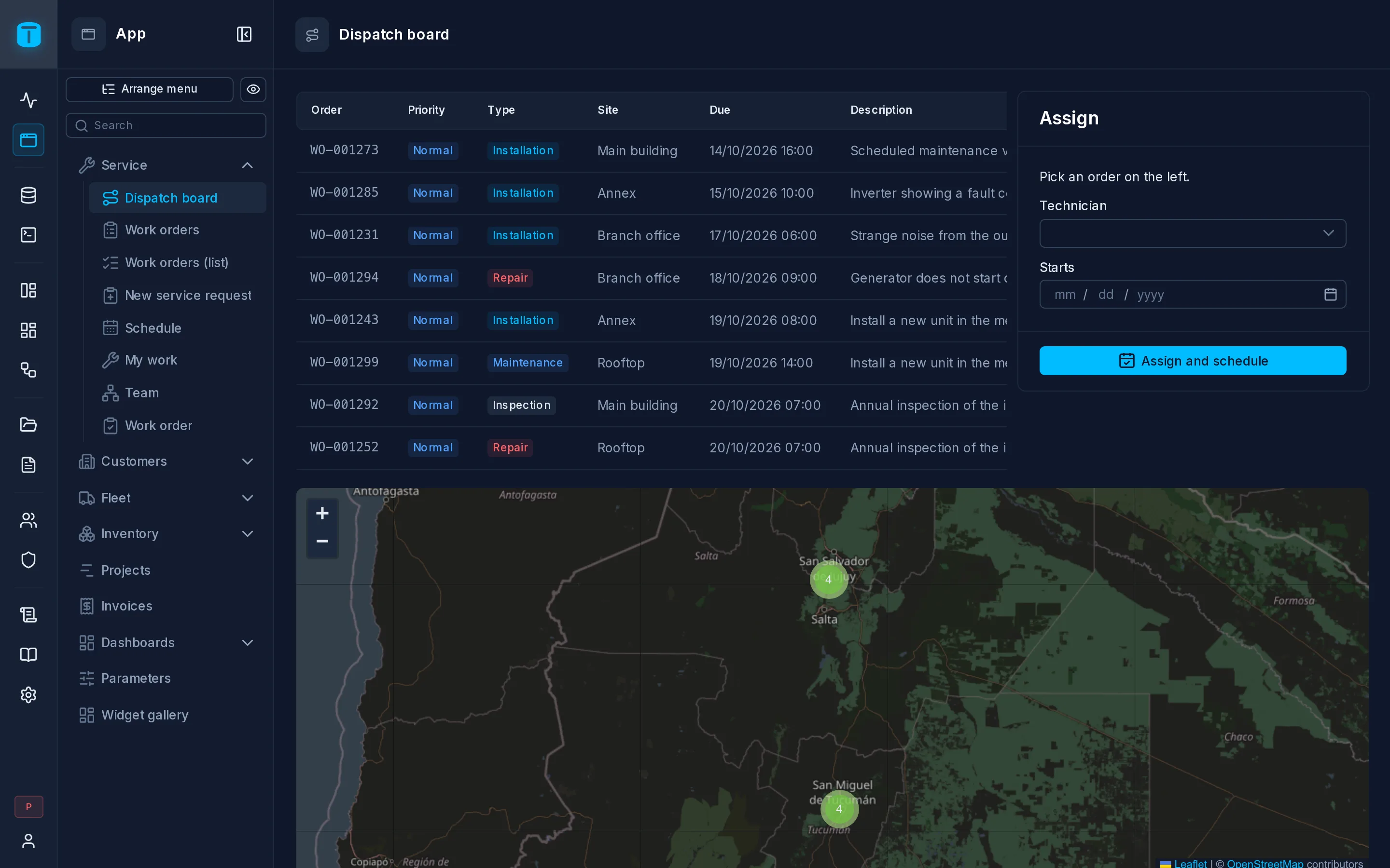 The App menu: Service, Customers, Fleet and Inventory groups, and the dashboards.
