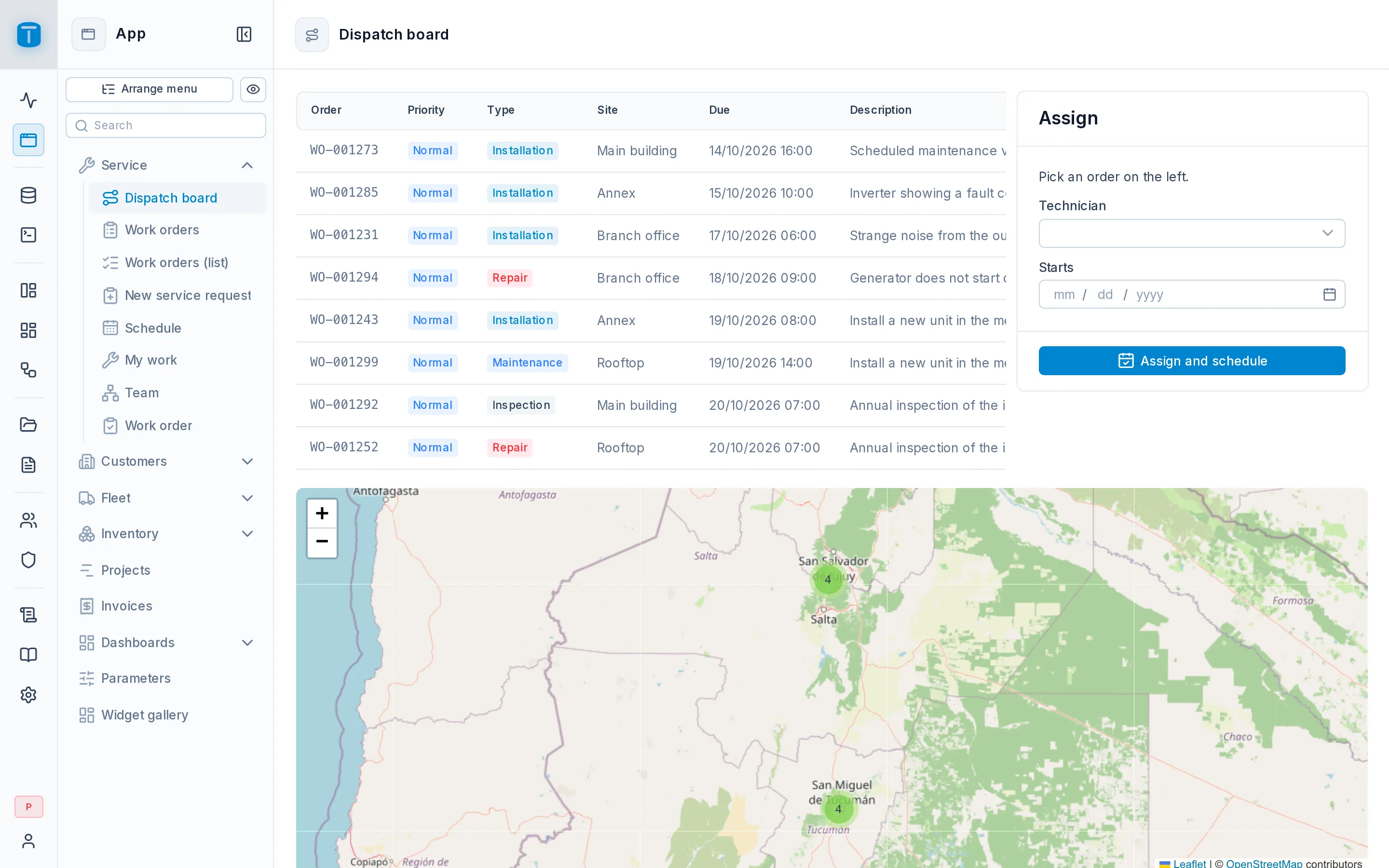 The App menu: Service, Customers, Fleet and Inventory groups, and the dashboards.