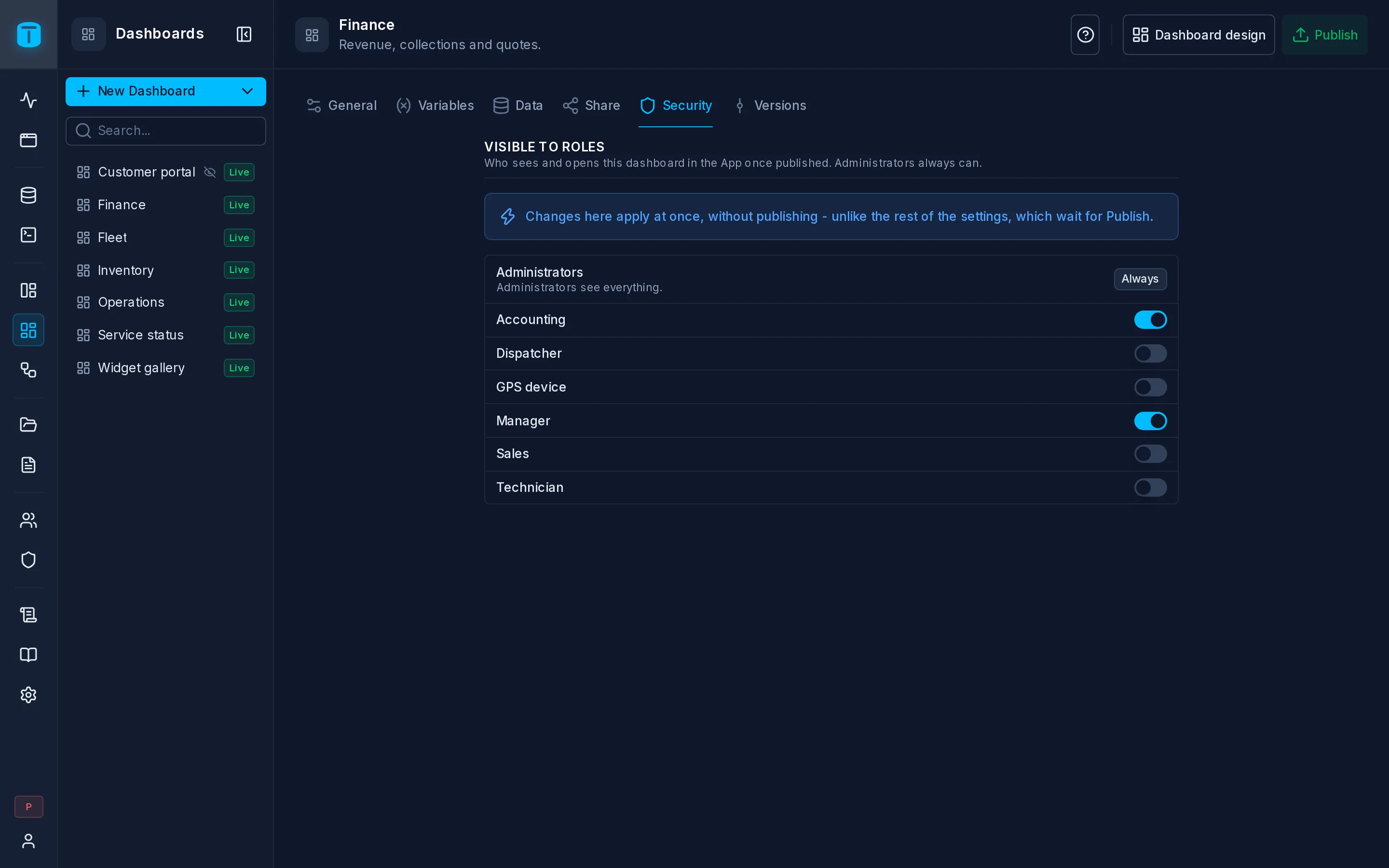 Settings › Security of the Finance dashboard: Manager and Accounting on.