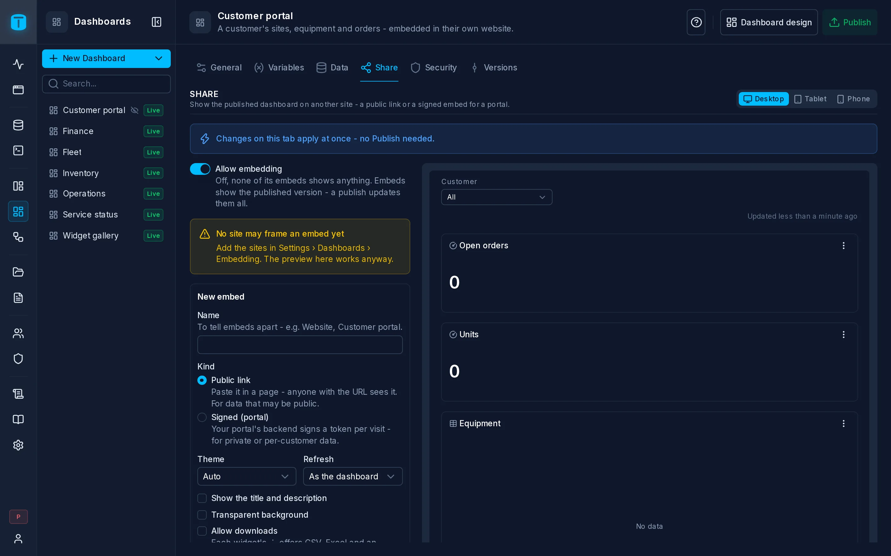 Settings › Share of the Customer portal dashboard: a signed embed being designed, with its live preview.
