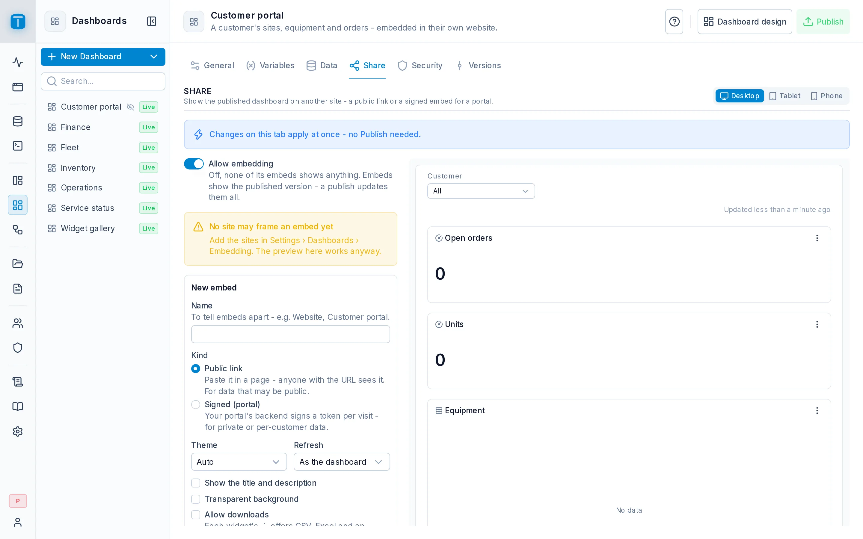 Settings › Share of the Customer portal dashboard: a signed embed being designed, with its live preview.