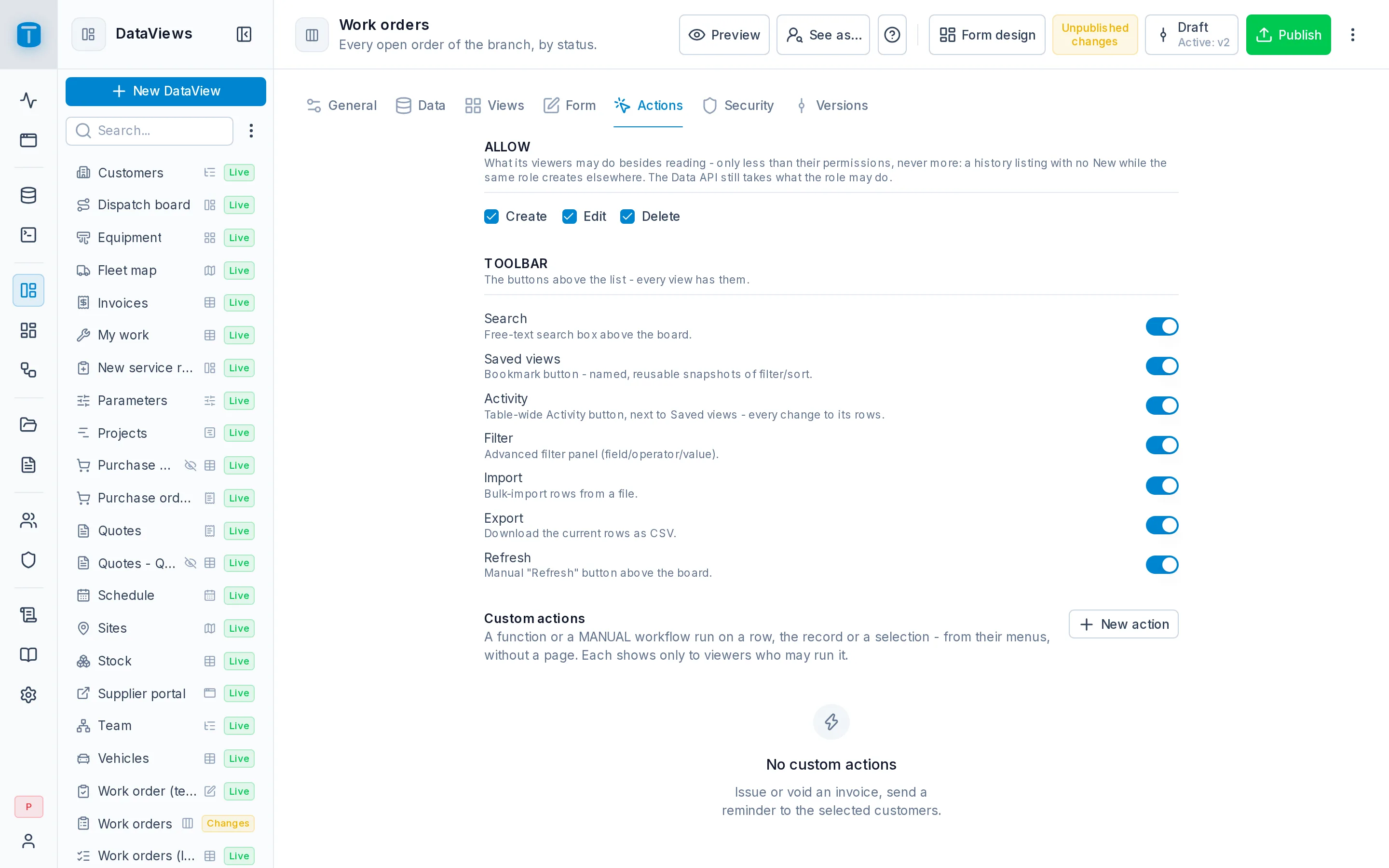 Settings › Actions of Work orders: Allow, the toolbar's functions and a custom action.