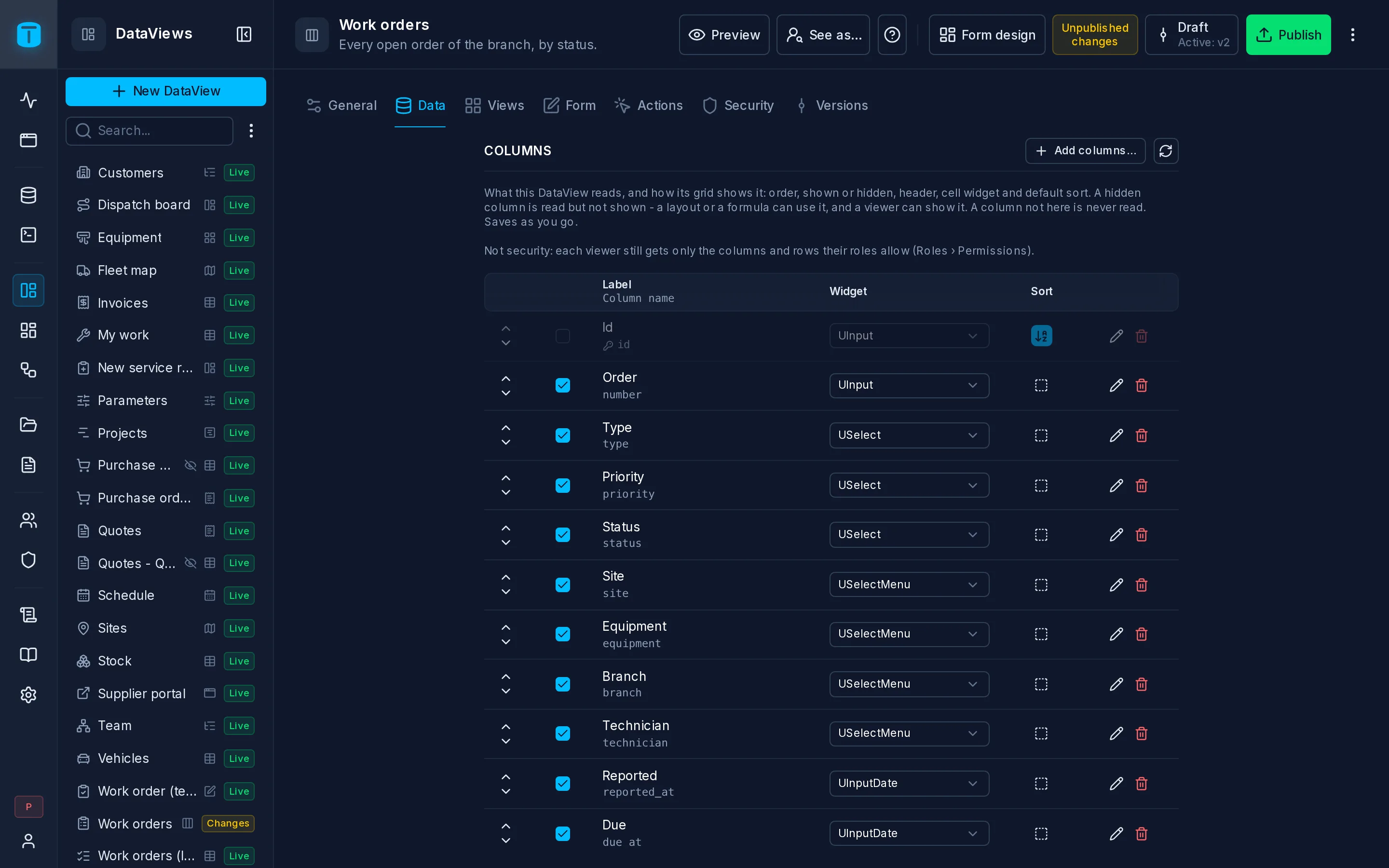 Settings › Data of the Work orders DataView: its columns, the column set and the filter.