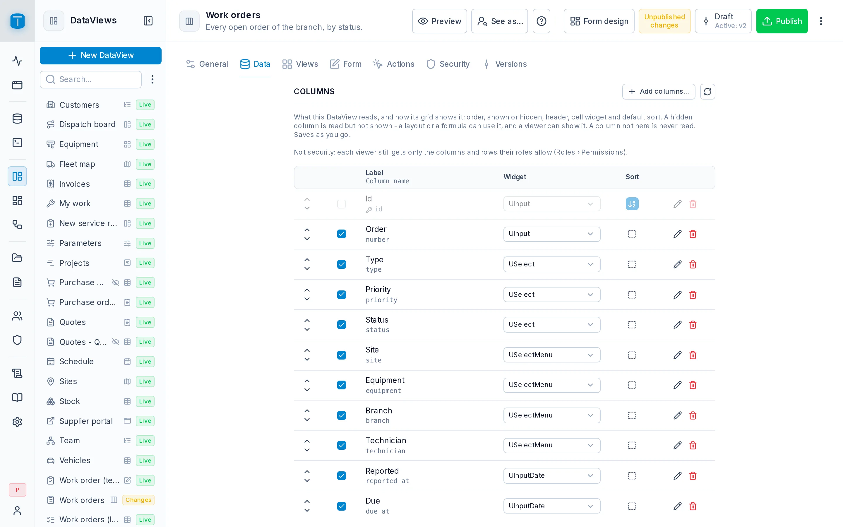 Settings › Data of the Work orders DataView: its columns, the column set and the filter.