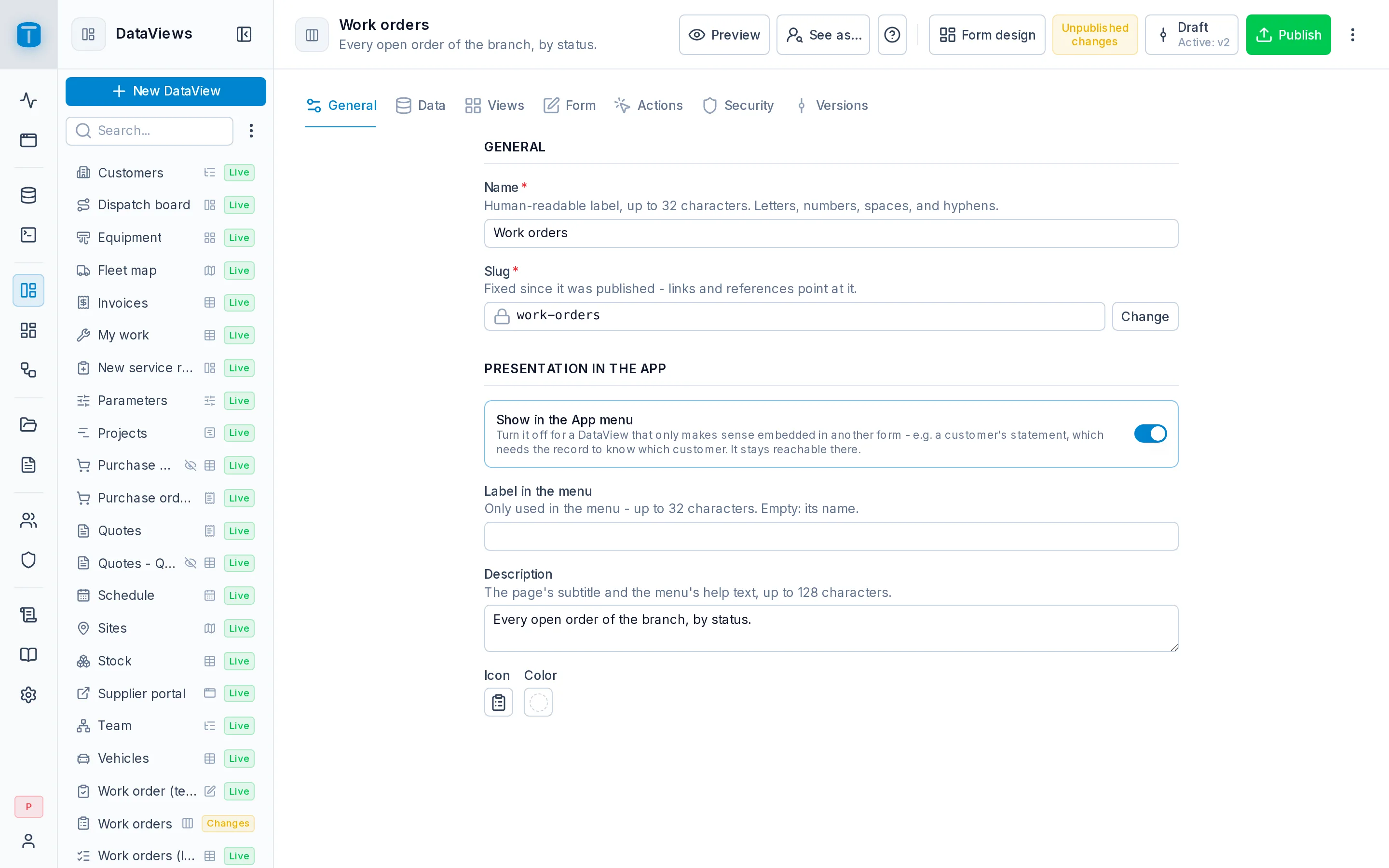 Settings › General of the Work orders DataView.
