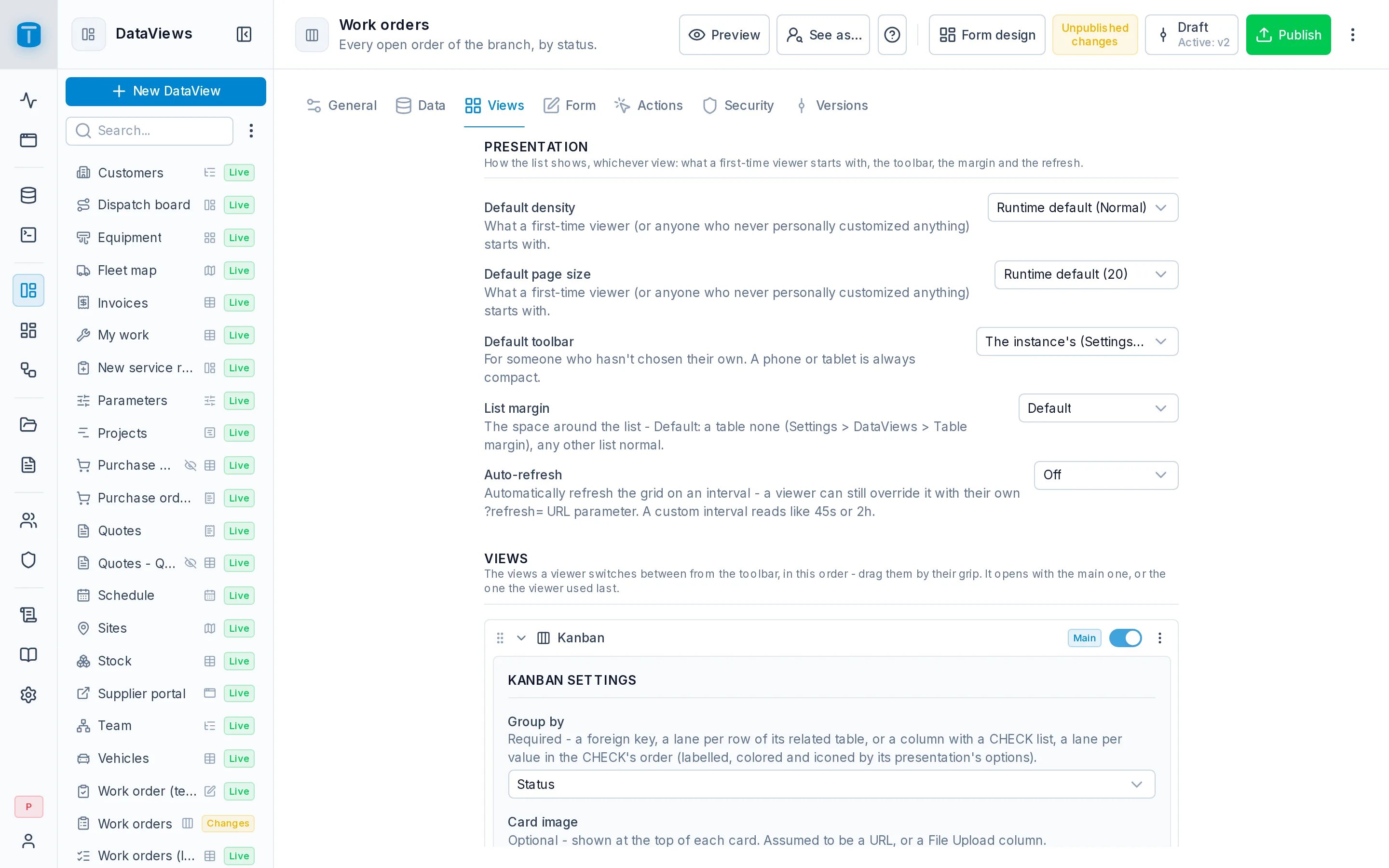 Settings › Views of Work orders: Presentation, then Kanban (Main), Table and Calendar offered.