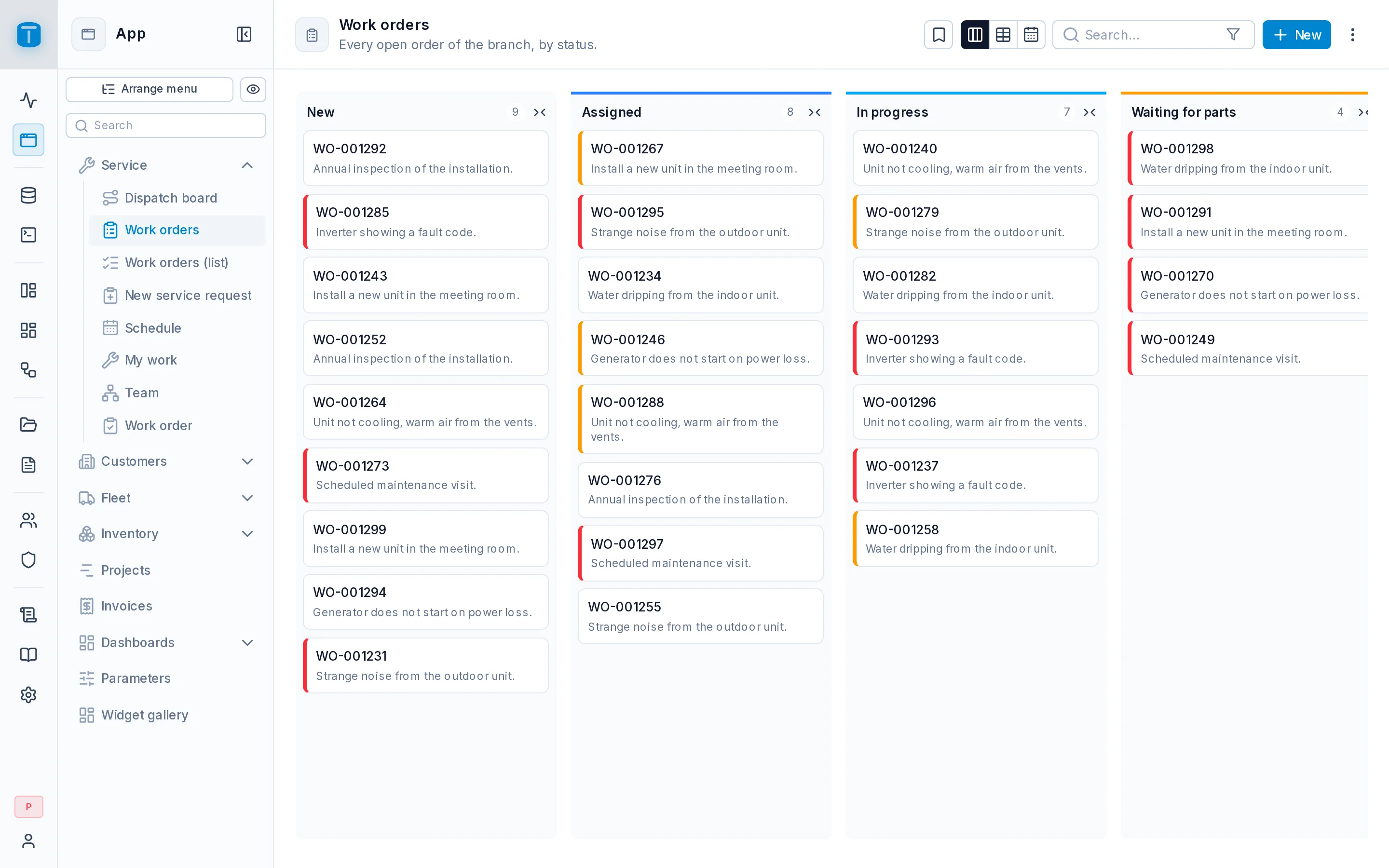 The view switcher in the Work orders toolbar: kanban, table and calendar.