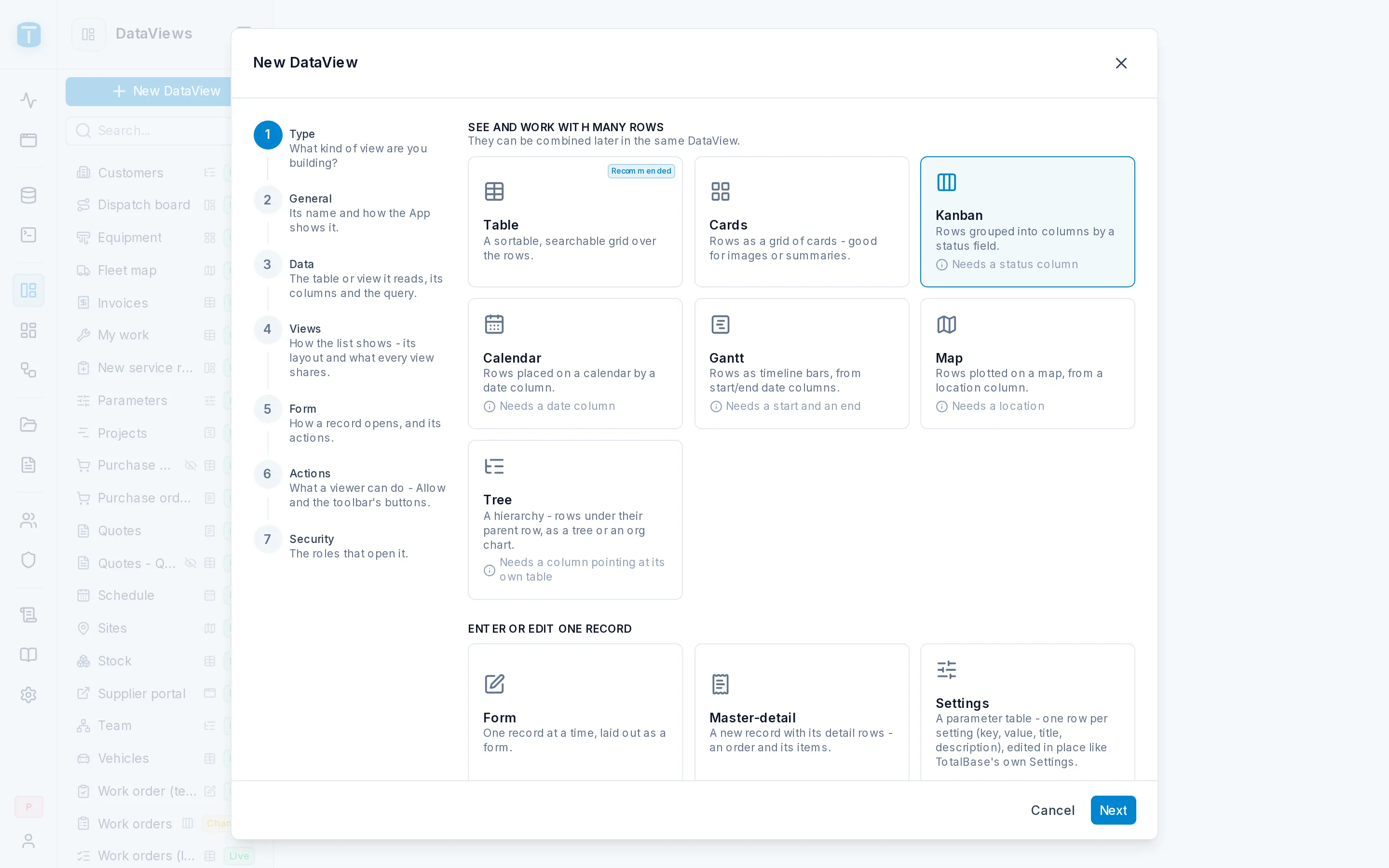 The Views step for a kanban: grouped by status, titled by the description.