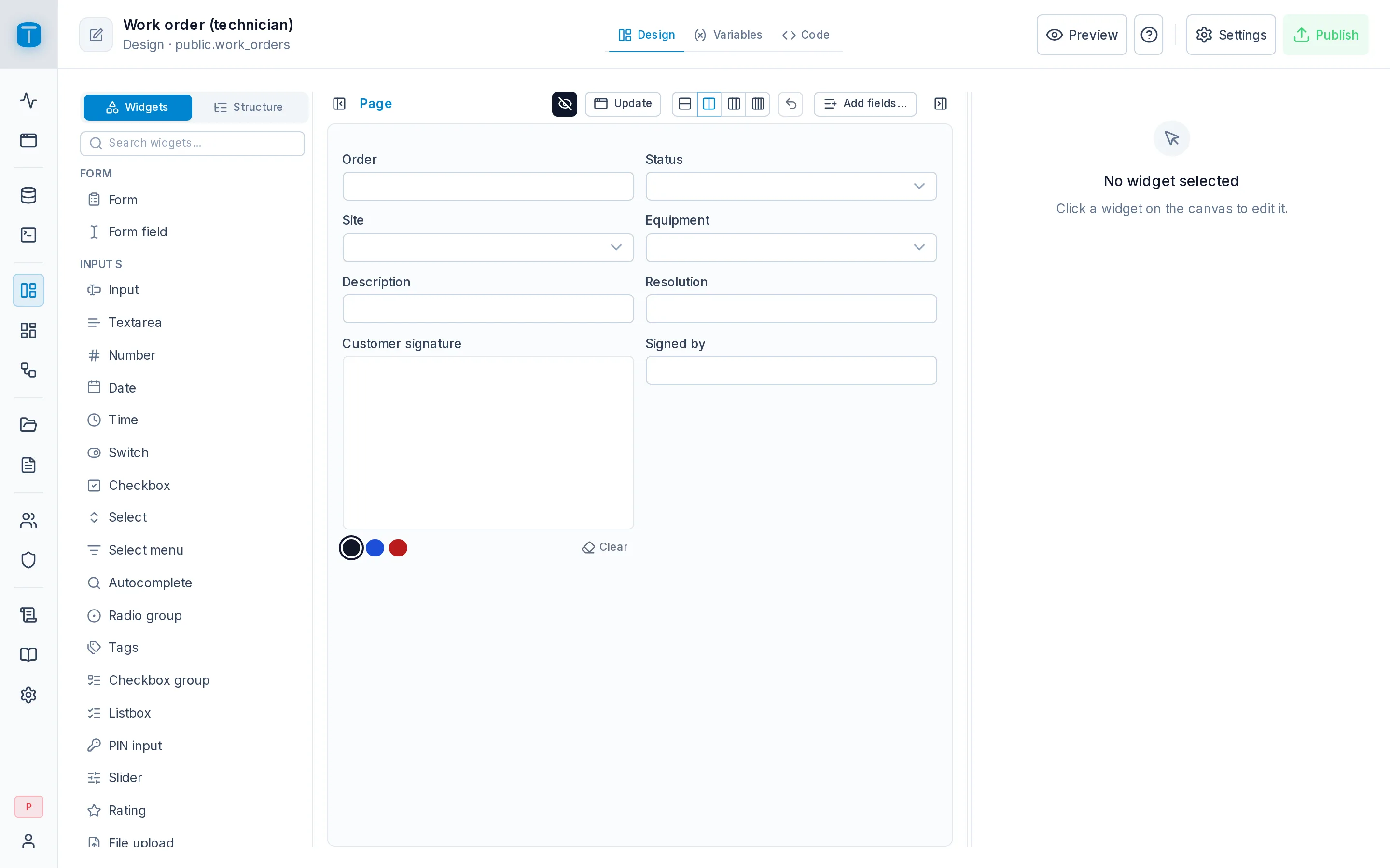 The Design form: the widget palette, the work order form on the canvas, and the inspector of the selected field.