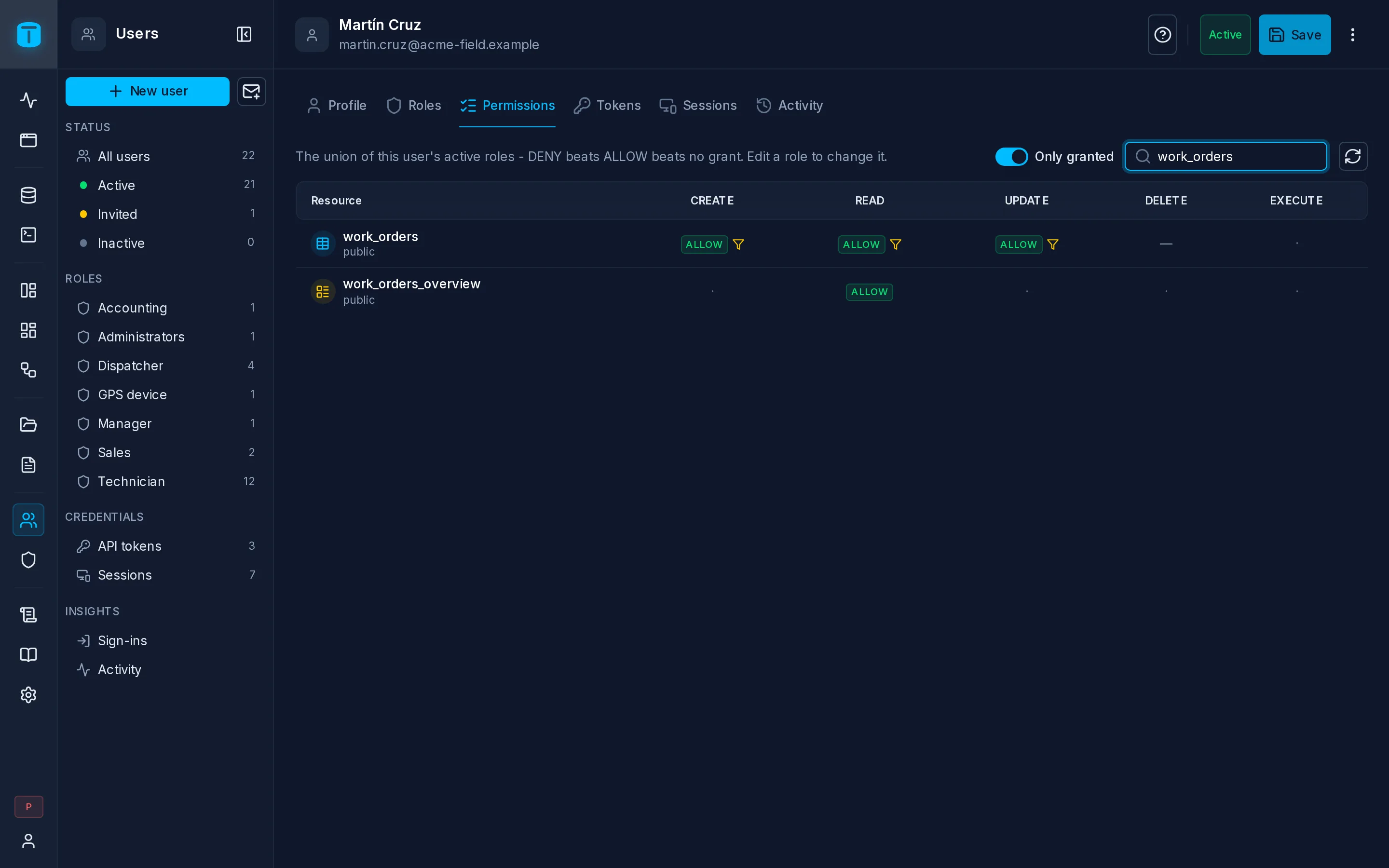 A user who is both Dispatcher and Sales: the combined row filter on work_orders, and where each part comes from.
