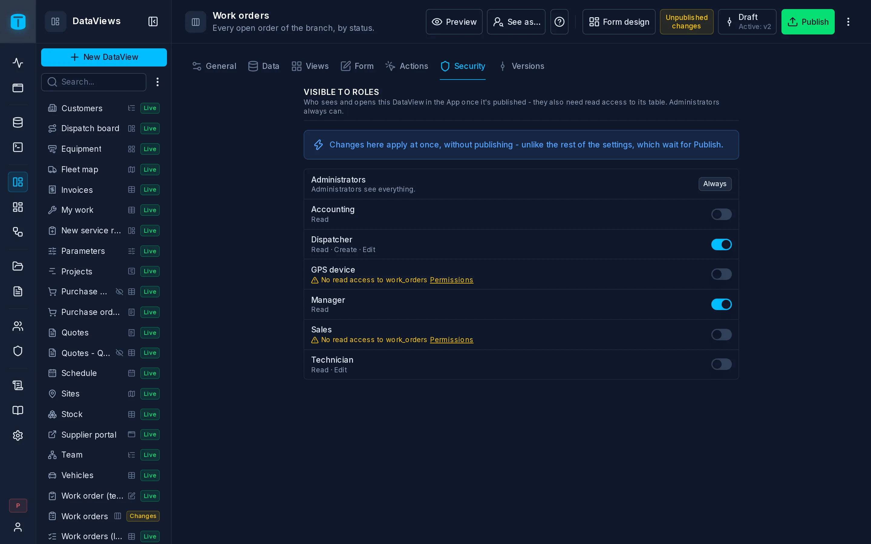 The Security section of the Work orders DataView: Dispatcher and Manager granted.