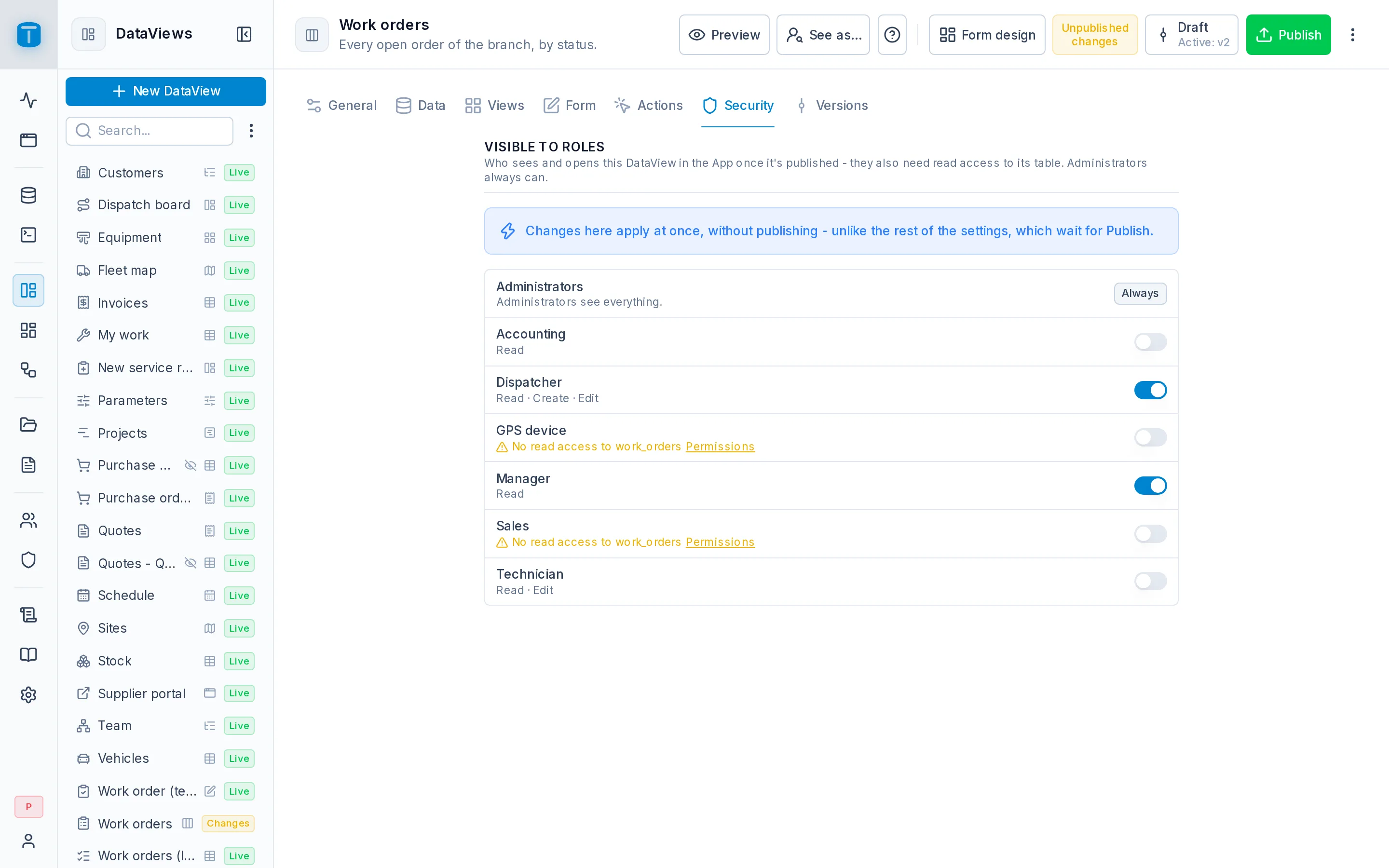 The Security section of the Work orders DataView: Dispatcher and Manager granted.