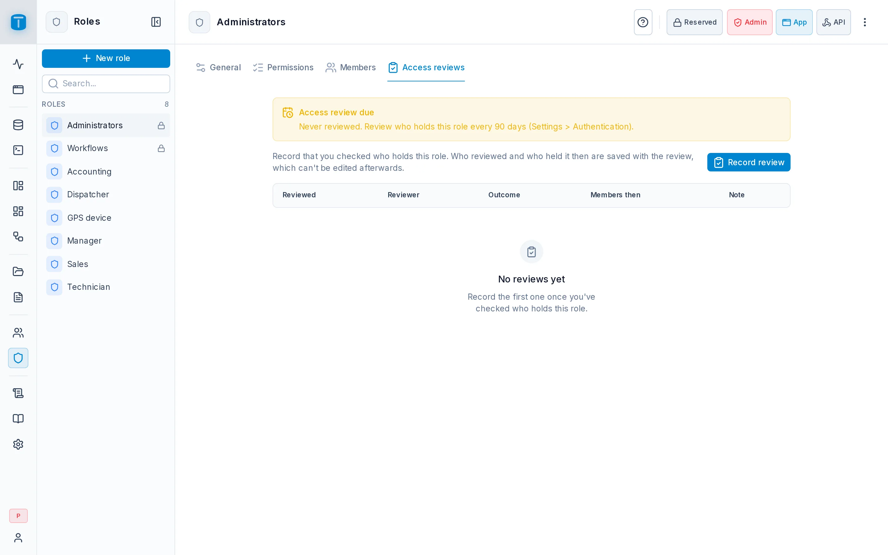 Access reviews of the Administrators role: the last review, with no changes.