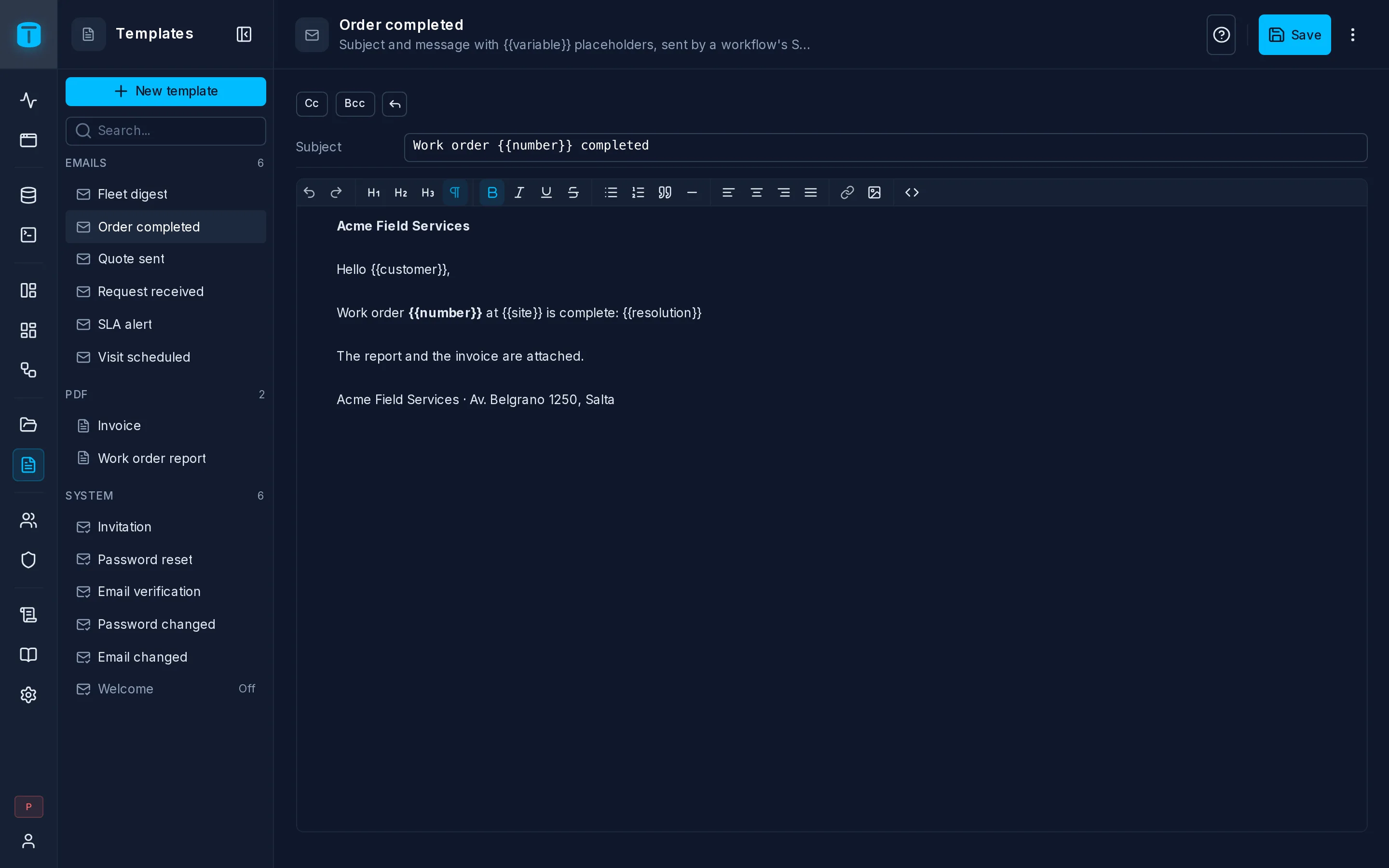 The Order completed email template: subject and message with {{number}} and {{site}} placeholders.