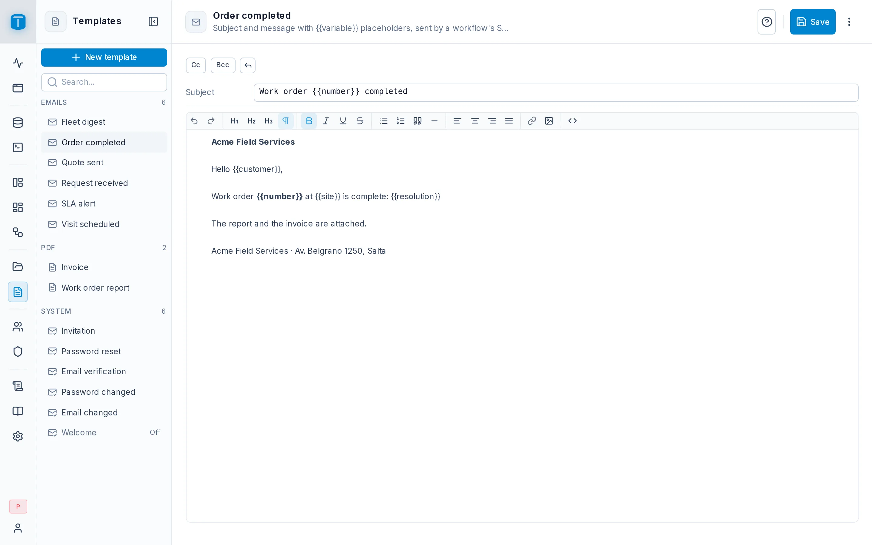 The Order completed email template: subject and message with {{number}} and {{site}} placeholders.