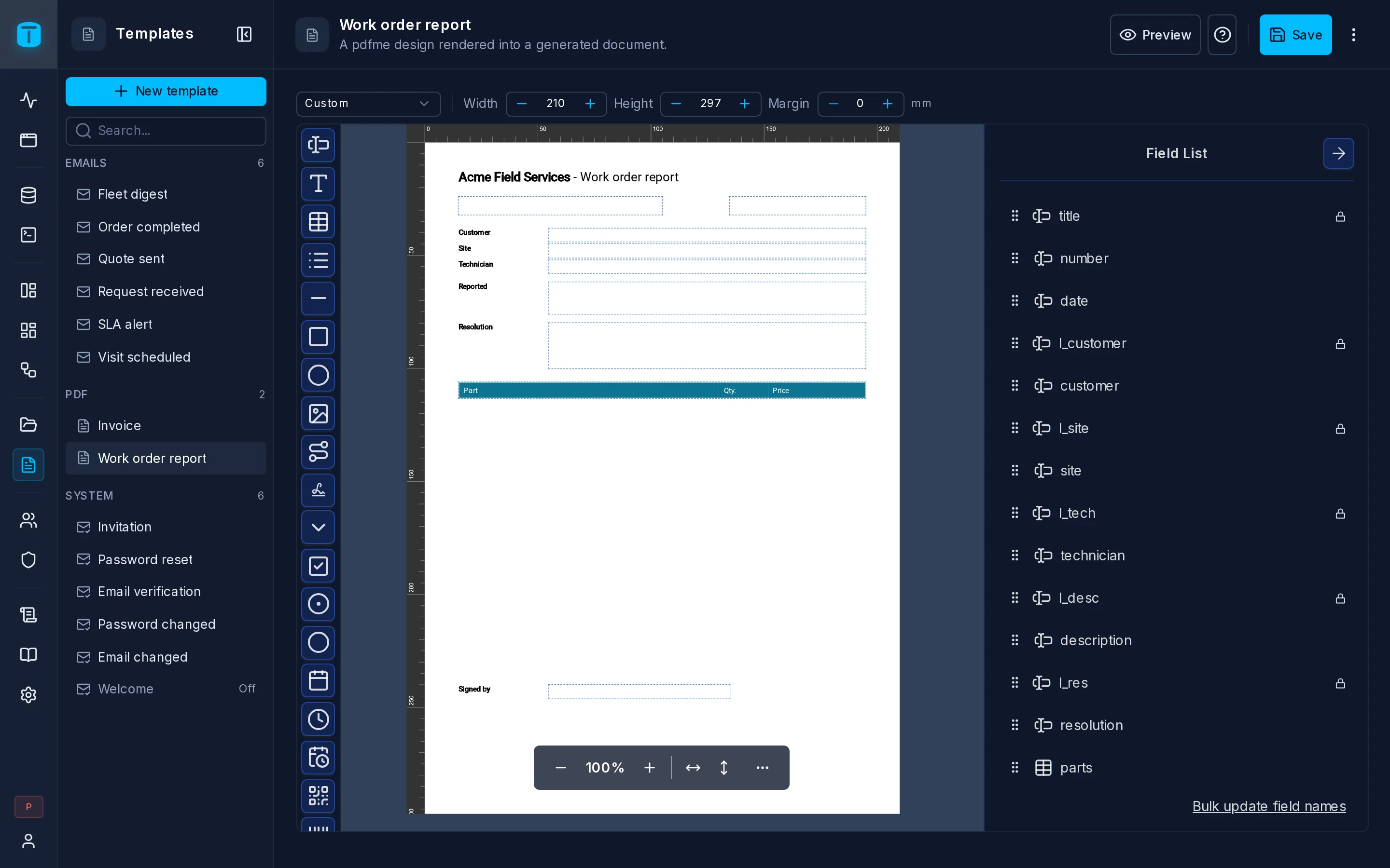 The Work order PDF template in the designer: text fields, a table of parts and the signature.