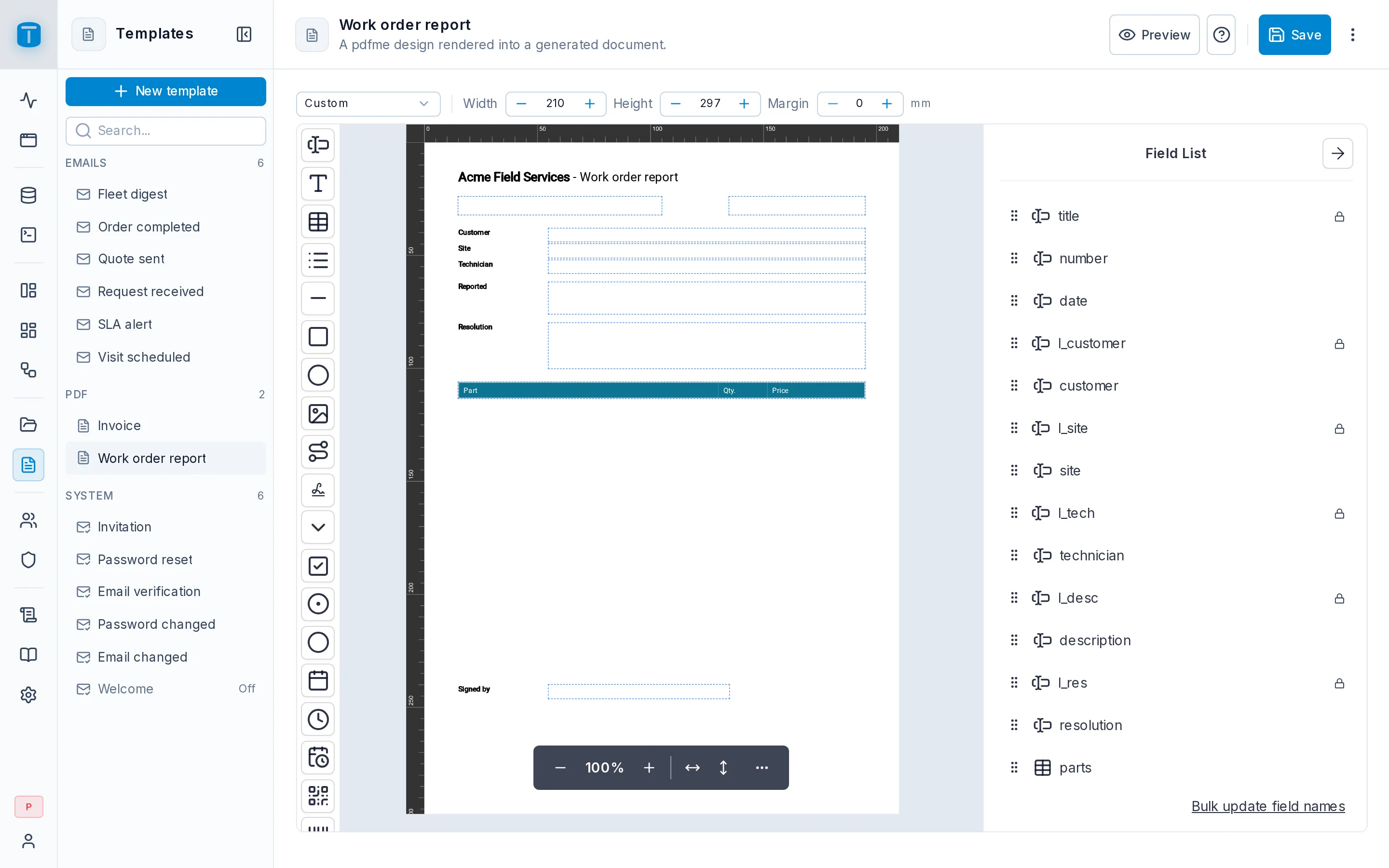 The Work order PDF template in the designer: text fields, a table of parts and the signature.