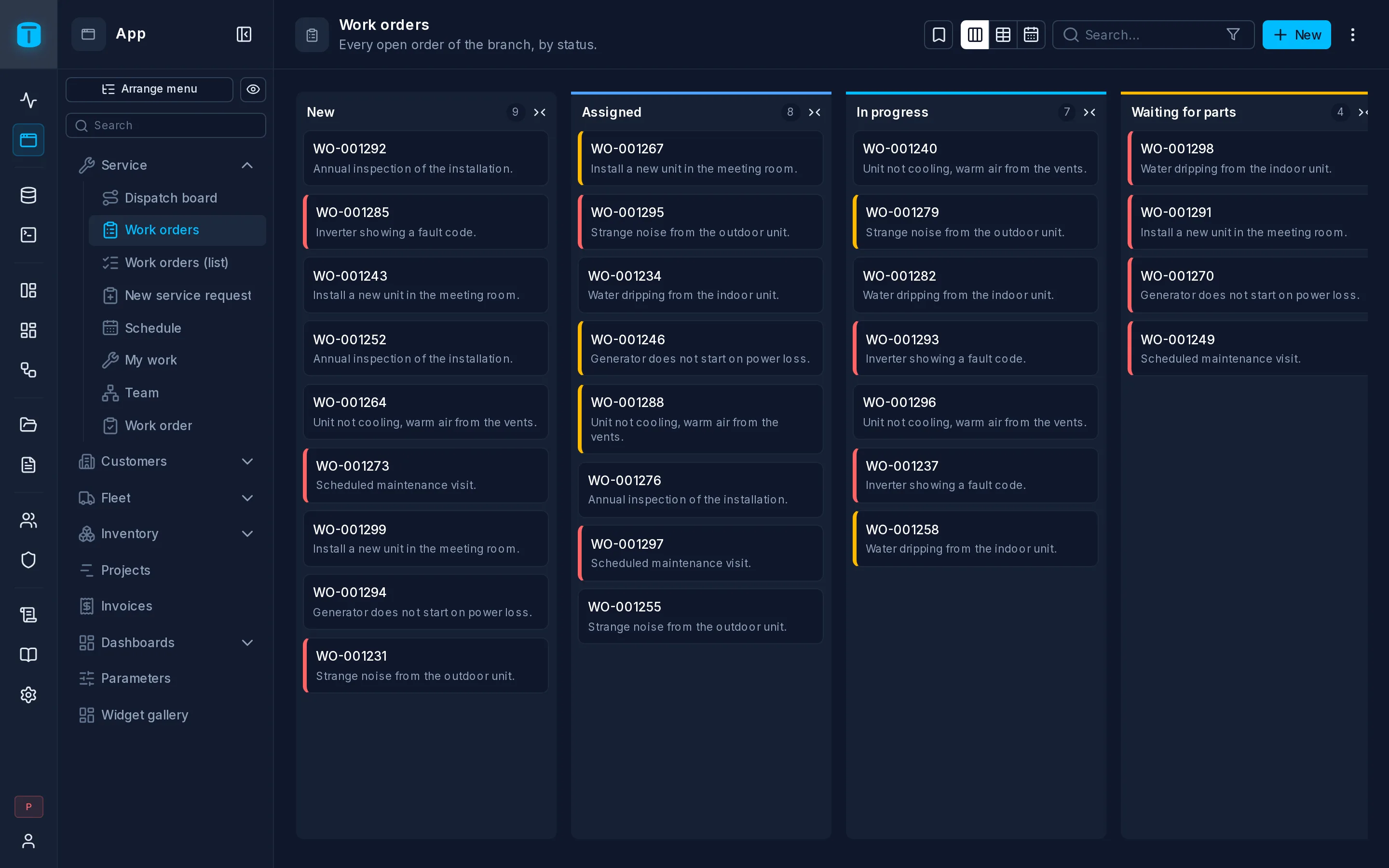 The Work orders kanban: a lane per status, urgent orders marked in red.