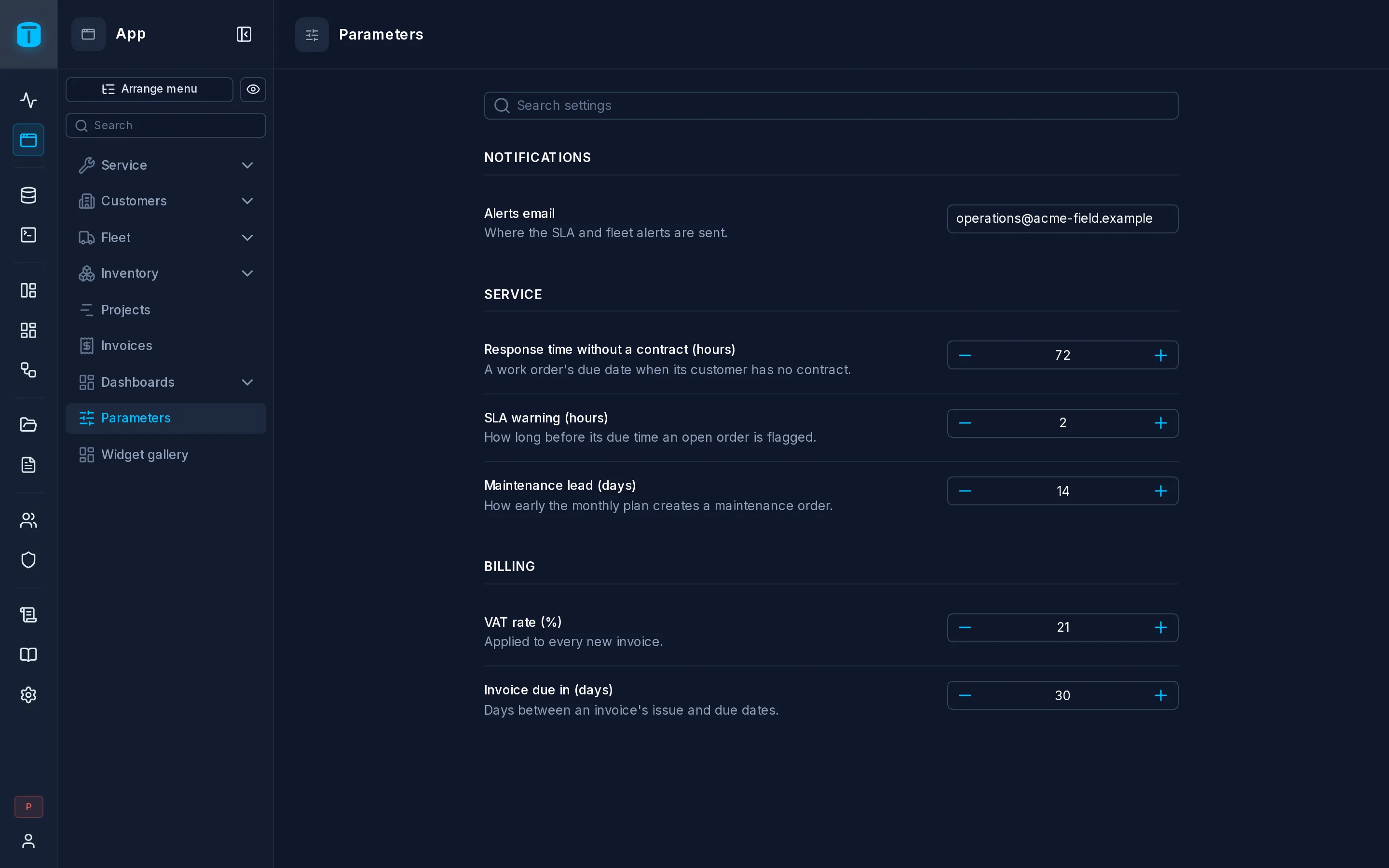 Acme's parameters as a Settings DataView: sections by group, each setting with its control.