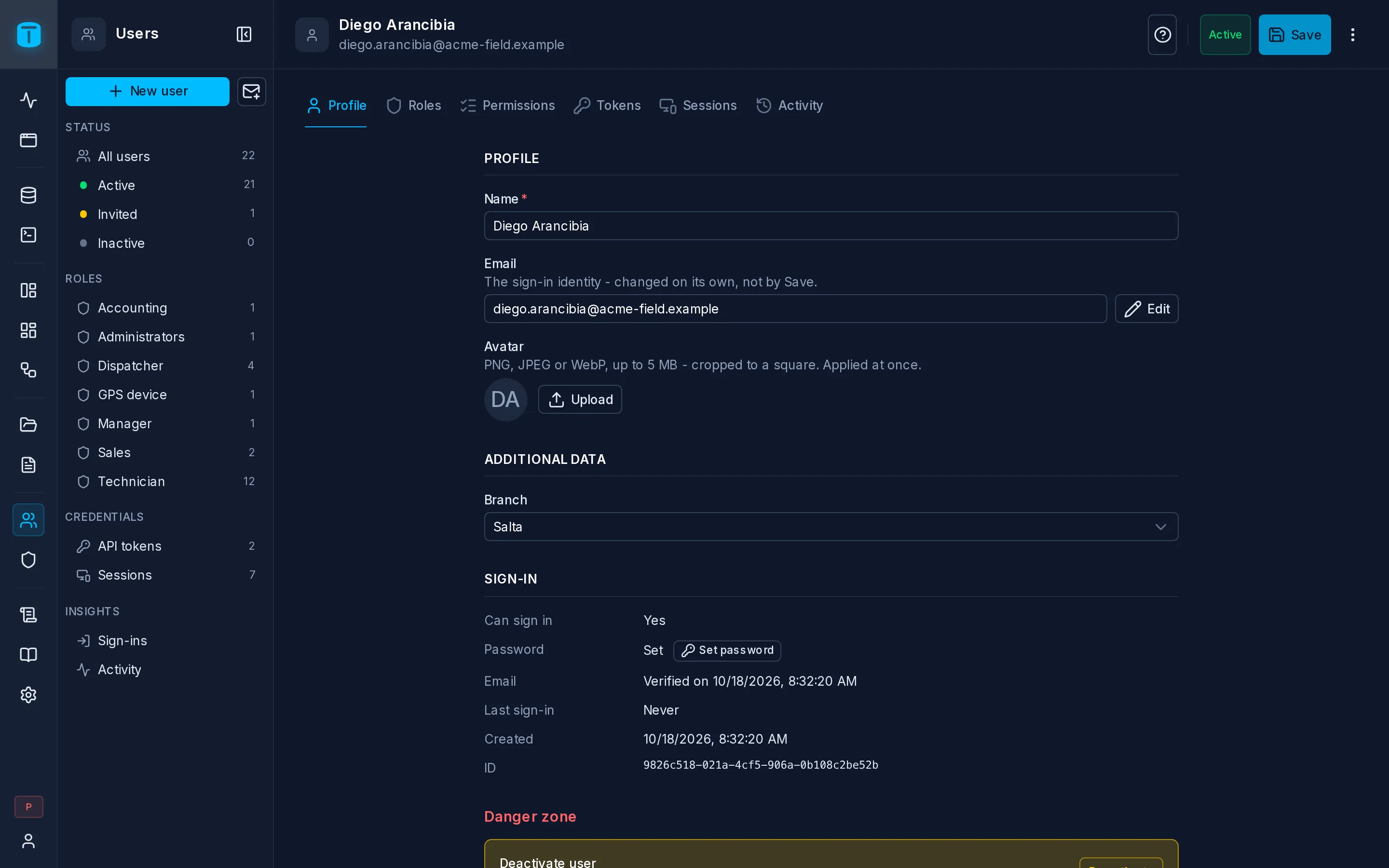 The page of an Acme dispatcher: Profile, with Additional data and the Sign-in section.