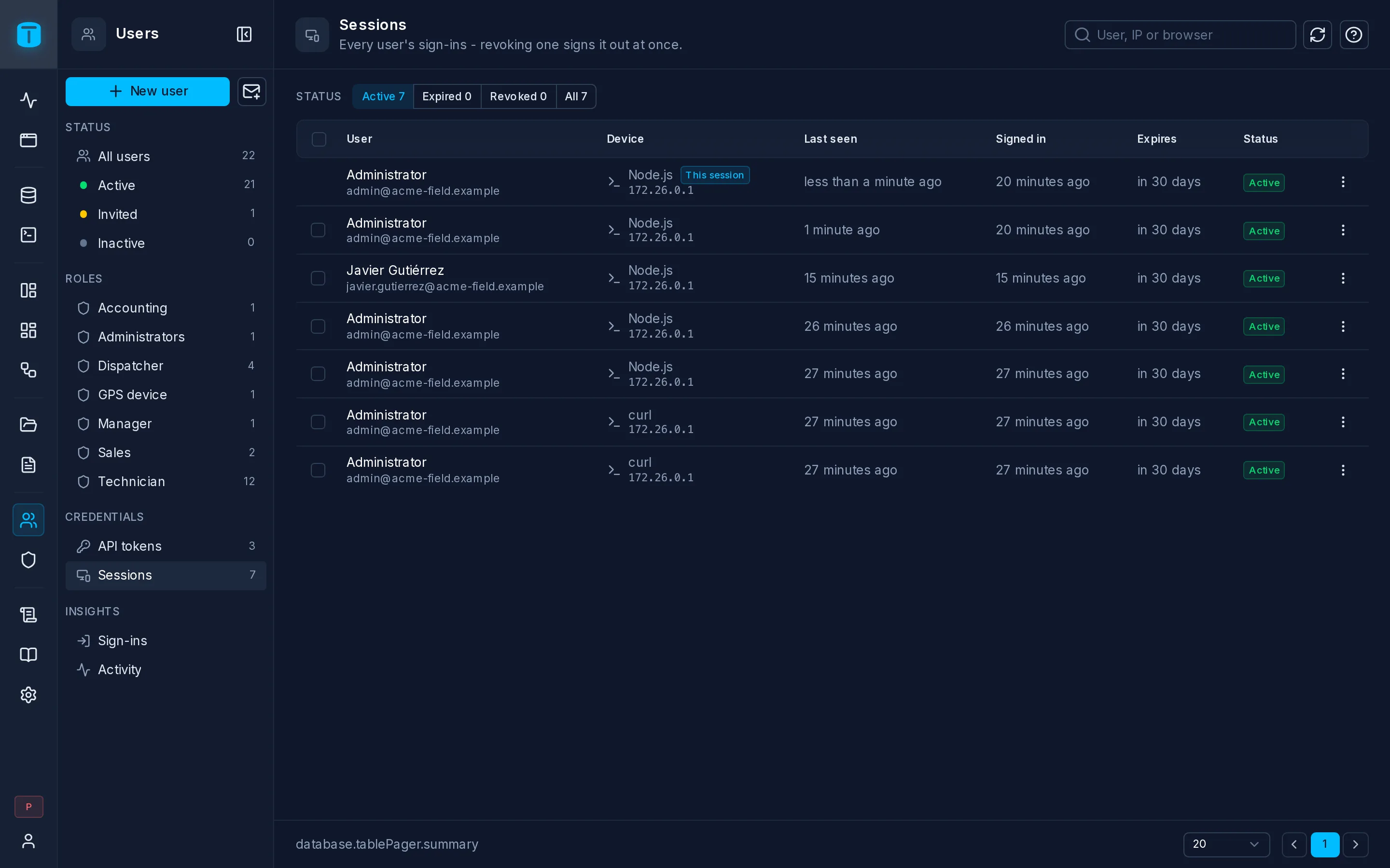 Users › Sessions: Acme's active sessions, by user and device.