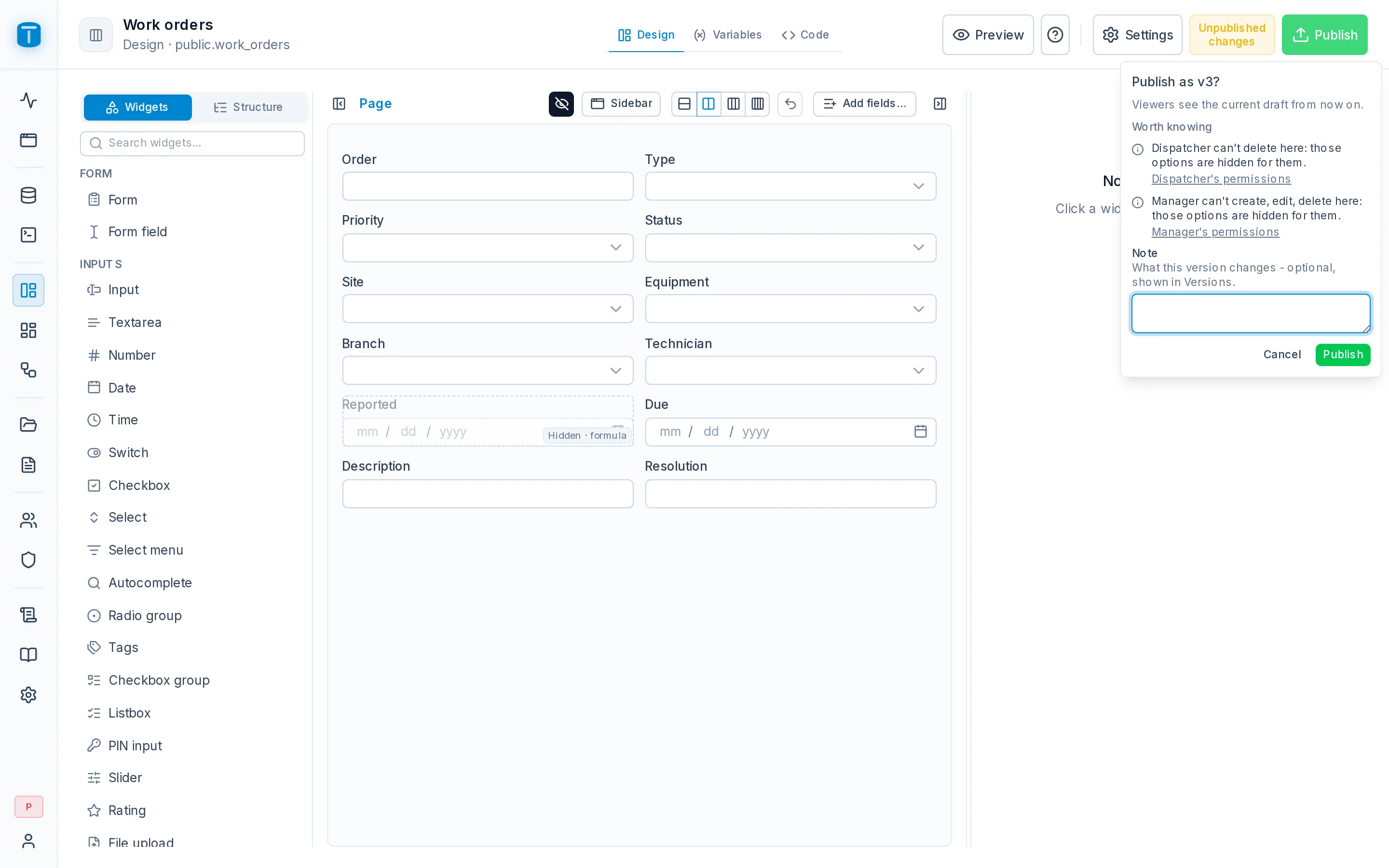 Publishing the Work orders kanban as v4, with a note on what changed.