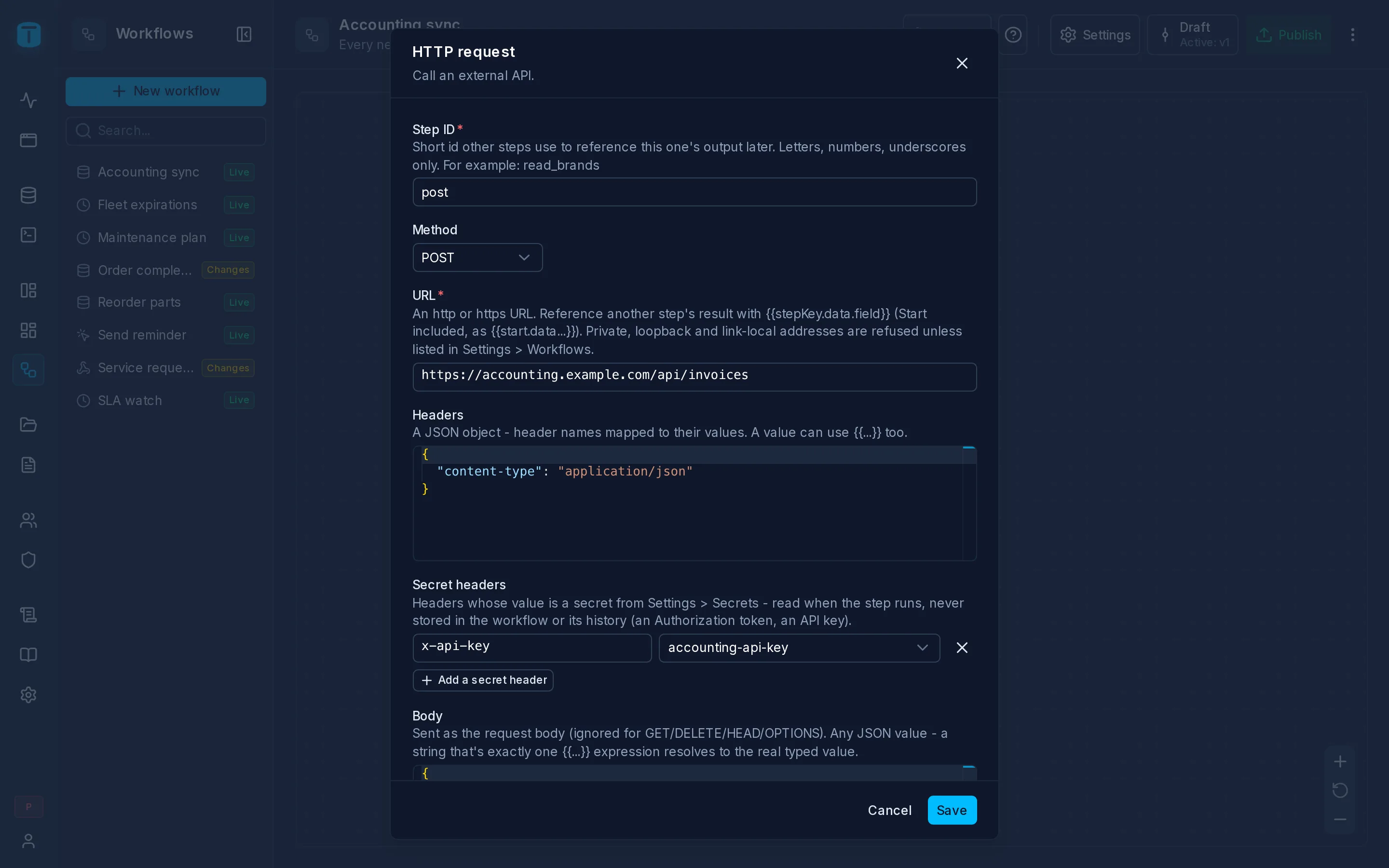 The HTTP request step of Accounting sync: POST to the accounting API, with its key as a secret header.