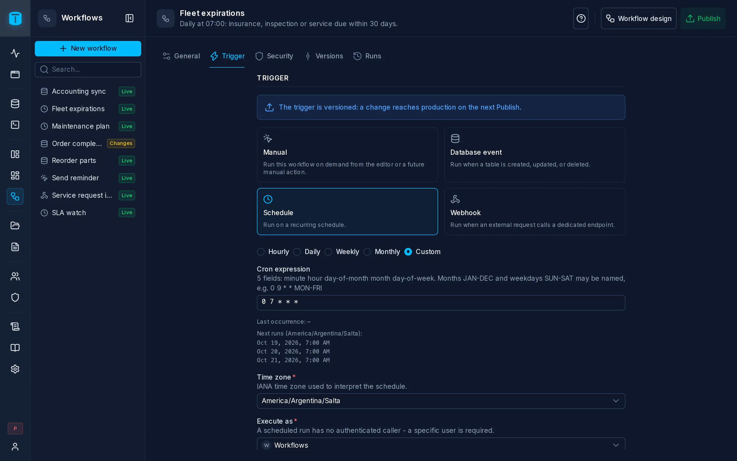 Settings › Trigger of Fleet expirations: Daily at 07:00, America/Argentina/Salta, with the next runs.