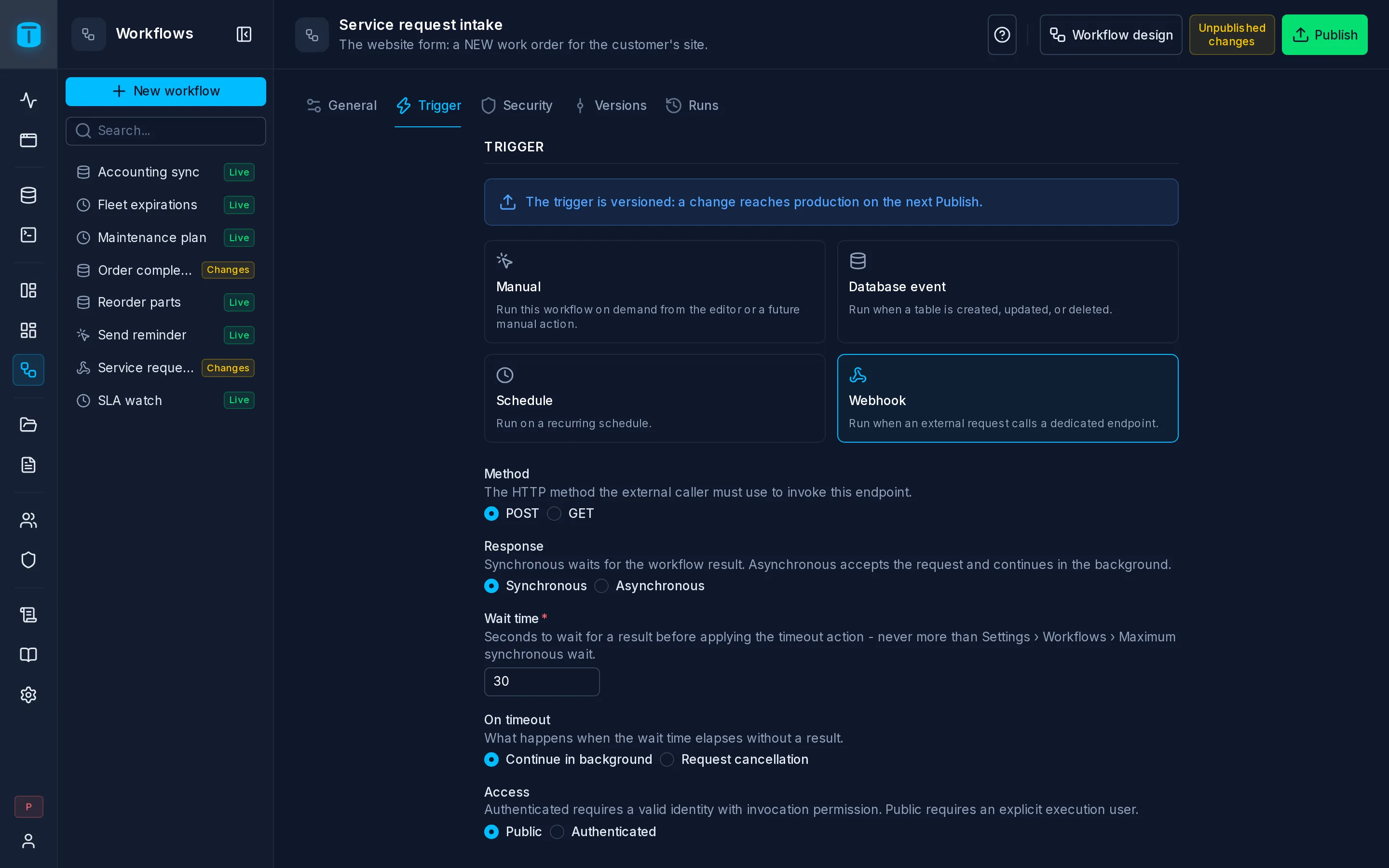 Settings › Trigger of Service request intake: POST, Synchronous, Public, executing as the Workflows account.